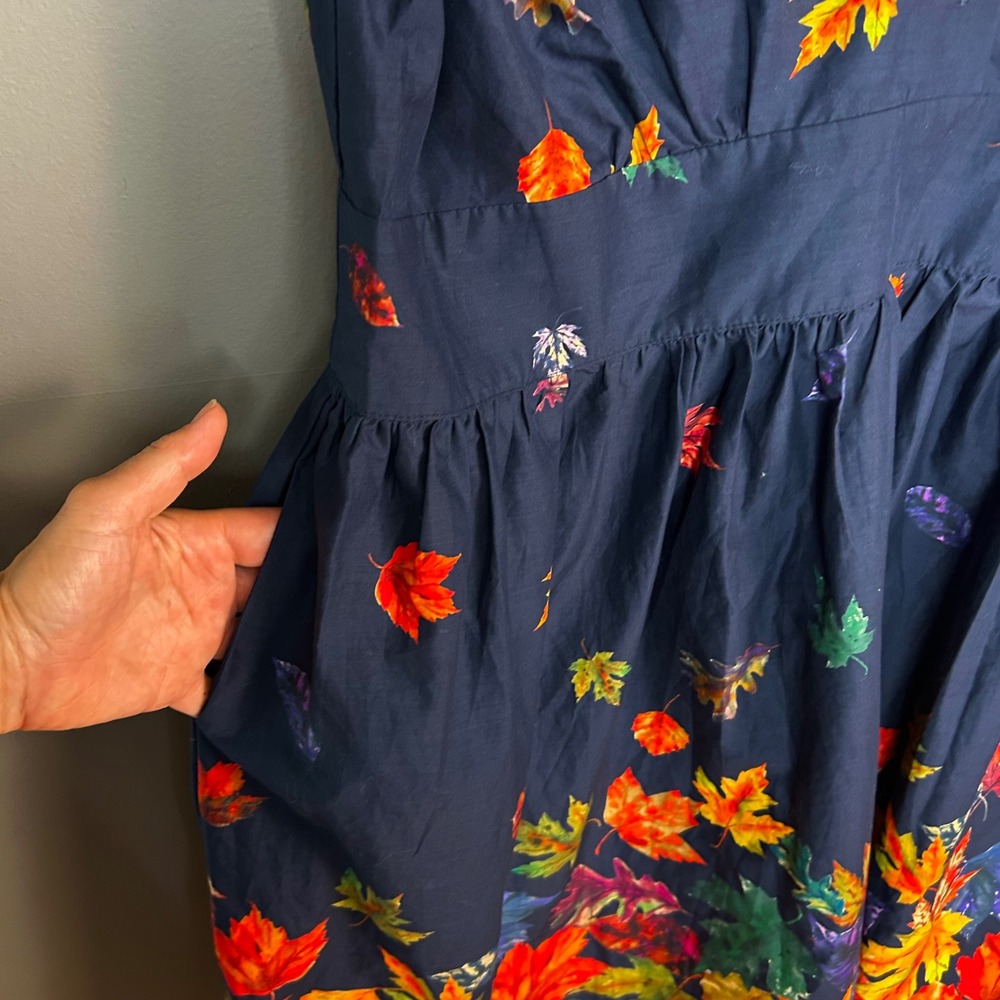ModCloth Navy Dress with Red Orange Yellow Leaf Print - Picture 3 of 10